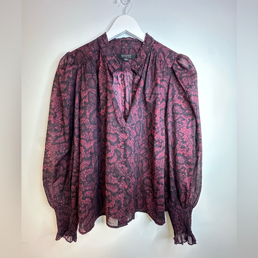 ALLSAINTS Leonie Stanza Shirt in Burgundy Red Python Sheer Print US Size 6 - Picture 9 of 17